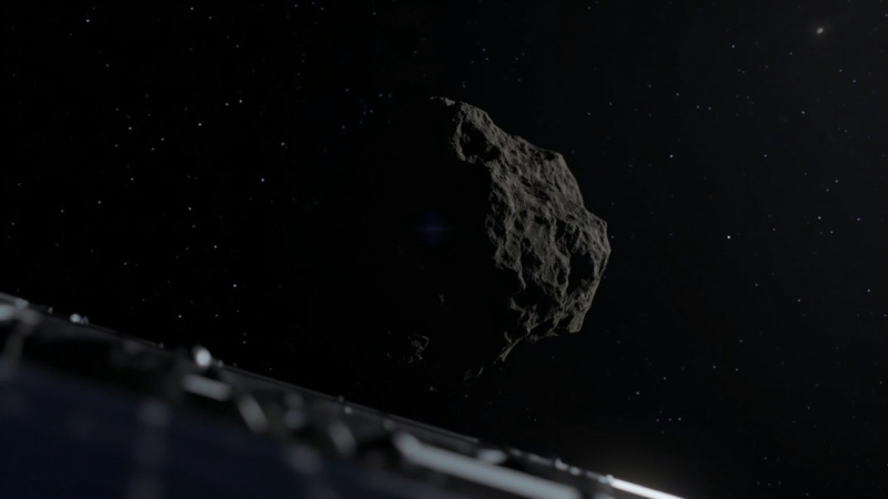 Artist's view of the small, jagged quasi-satellite Kamoʻoalewa, as seen from roughly 20 km during Tianwen-2's approach on July 2, 2026.