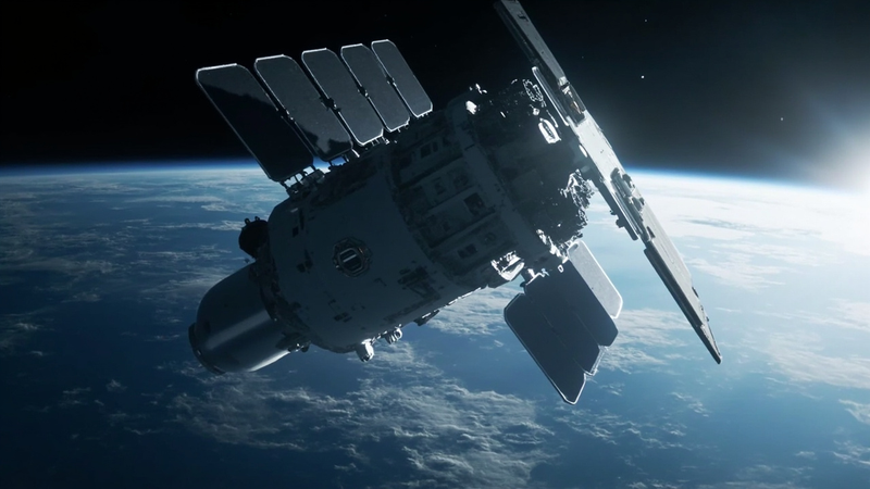 A boxy communications satellite carrying flat panel antennas and solar arrays flies above a cloud-covered Earth.