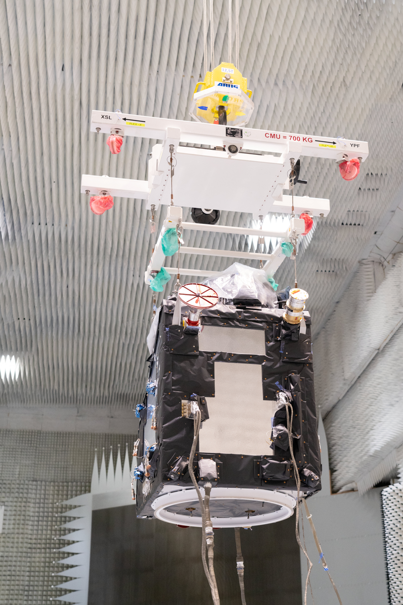 ESA's Fluorescence Explorer satellite FLEX on display at a Thales Alenia Space cleanroom in Cannes, France, April 2026. Credit: ESA