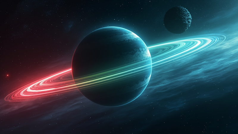 An artist's impression of a giant exoplanet emitting an auroral ring around its magnetic pole, with radio waves streaming from the poles into space