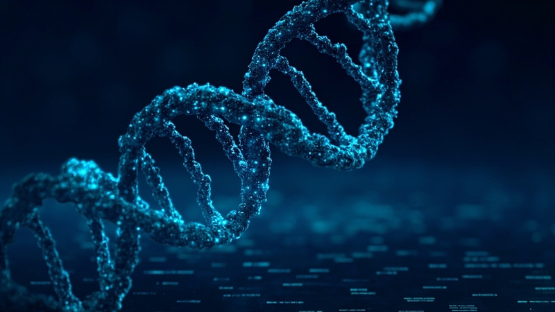 A glowing DNA double helix unfurling into a grid of single-letter variant predictions, with genome browser tracks for splicing, expression, and chromatin at the base