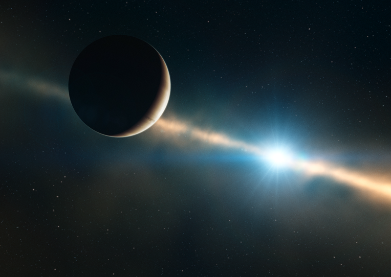 An artist's impression shows the gas giant Beta Pictoris b in the foreground as a thin crescent against a bright star, with the edge-on debris disk of the Beta Pictoris system stretching diagonally across the frame. ESO credit.