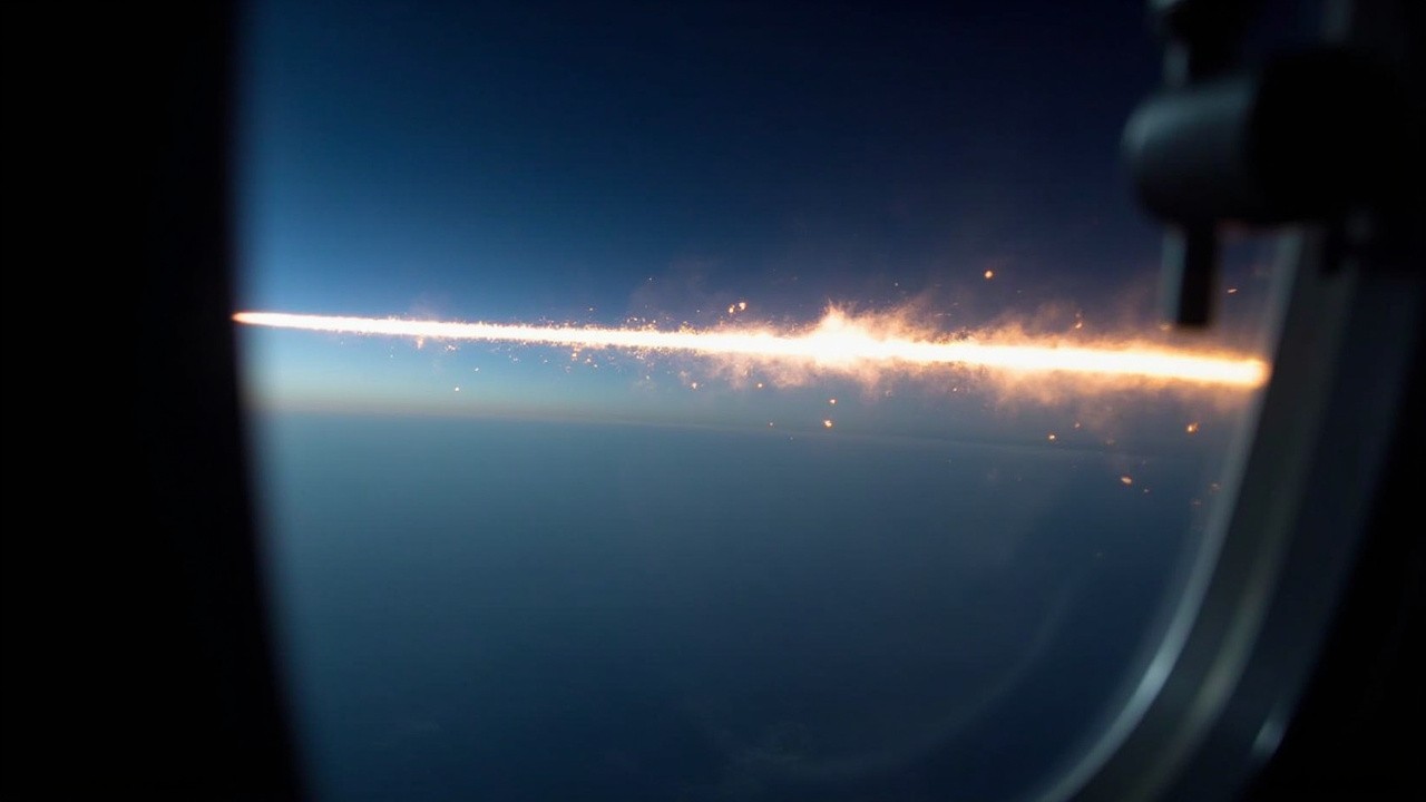 A reentry fireball streaks across a twilight sky above a dark ocean, seen through the window of an observation aircraft, its trail breaking into glowing fragments.