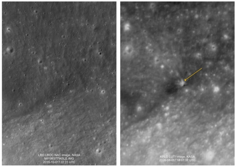 Before-and-after comparison of the Falcon 9 upper stage impact site near Einstein crater, imaged by LRO in October 2015 (left) and Danuri's LUTI camera on August 6, 2026 (right). Credit: NASA, KASA, KARI.