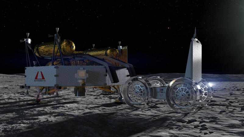 Artist rendering of Astrobotic's Griffin-1 lander deploying Astrolab's FLIP rover on the lunar surface. Credit: Astrobotic/NASA.