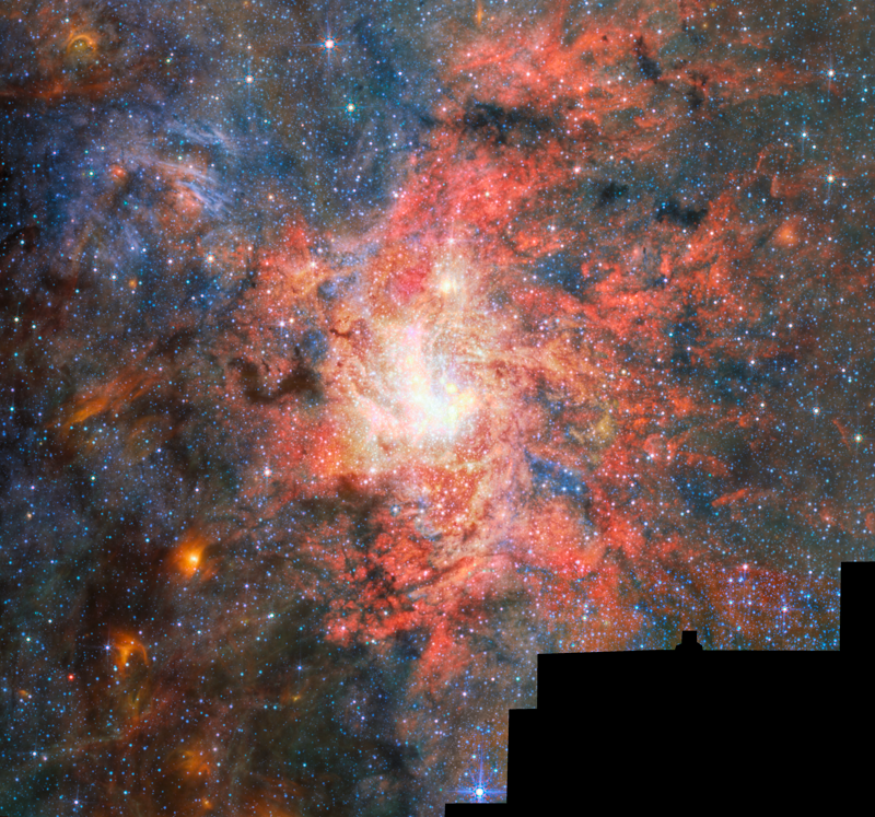 Mid-infrared view of the IRS 3 field taken with Webb's MIRI. The bright central object is IRS 3 itself, with its extended silicate-and-water envelope visible as the diffuse glow around it, set against the dense stellar background of the Milky Way's central parsec.