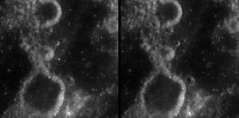 Two side-by-side black-and-white panels of the lunar surface captured by LRO's Wide-Angle Camera. The left panel shows a thin white circle around a small bright spot just right of center; the right panel shows the same area before the impact with no circled feature. The stacked-frame difference image is what tipped off Robert Wagner to the new crater.
