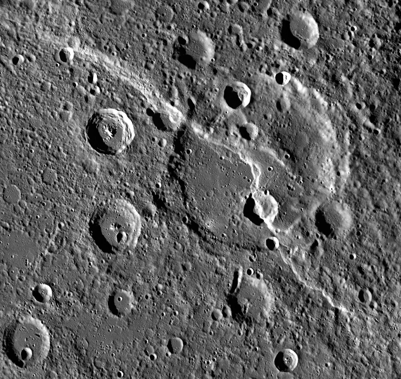 The lobate scarp Carnegie Rupes cuts across a heavily cratered plain on Mercury, with the rim of the small crater Duccio visible where the cliff slices through it. The ridge is roughly 270 kilometres long and rises several kilometres above the surrounding volcanic plain, and it formed as the planet's interior cooled and its outer shell shortened. Image: NASA / JHUAPL / Carnegie Institution, MESSENGER spacecraft, PIA19279, full resolution on Wikimedia Commons.