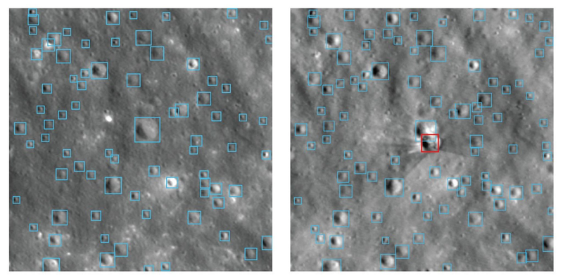 NASA-IBM Lunar Foundation Model blue-outlined crater detections overlaid on a Lunar Reconnaissance Orbiter mosaic near Einstein crater, illustrating the model's ability to survey impact features at meter scale.