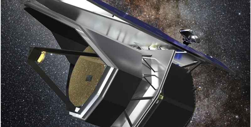 NASA/JPL-Caltech concept rendering of the PRIMA observatory, showing the gold-coated 1.8-meter primary mirror, dark sunshields, and the supporting truss against a starfield.