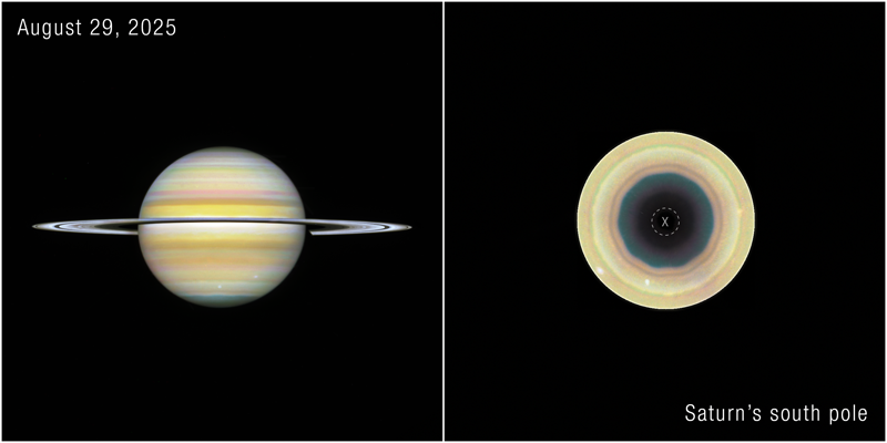 Side-by-side Hubble view of Saturn from August 29, 2025: a full-globe image at left showing the rings and banded atmosphere, and a south-polar projection at right with a dark 10-sided outline marking the decagon wave. Credit: NASA, ESA, STScI image released via NASA Science.