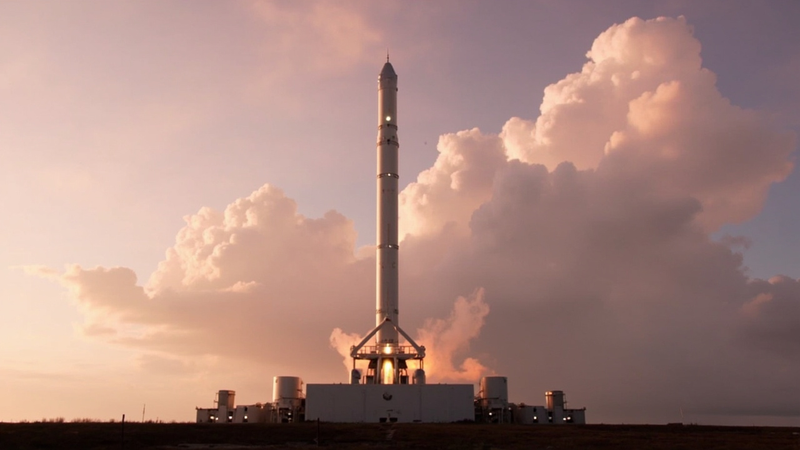 An illustration of a fully stacked Starship and Super Heavy standing on a Starbase launch pad at sunrise, the configuration Ship 41 and Booster 21 will take once stacking for Flight 14 is complete