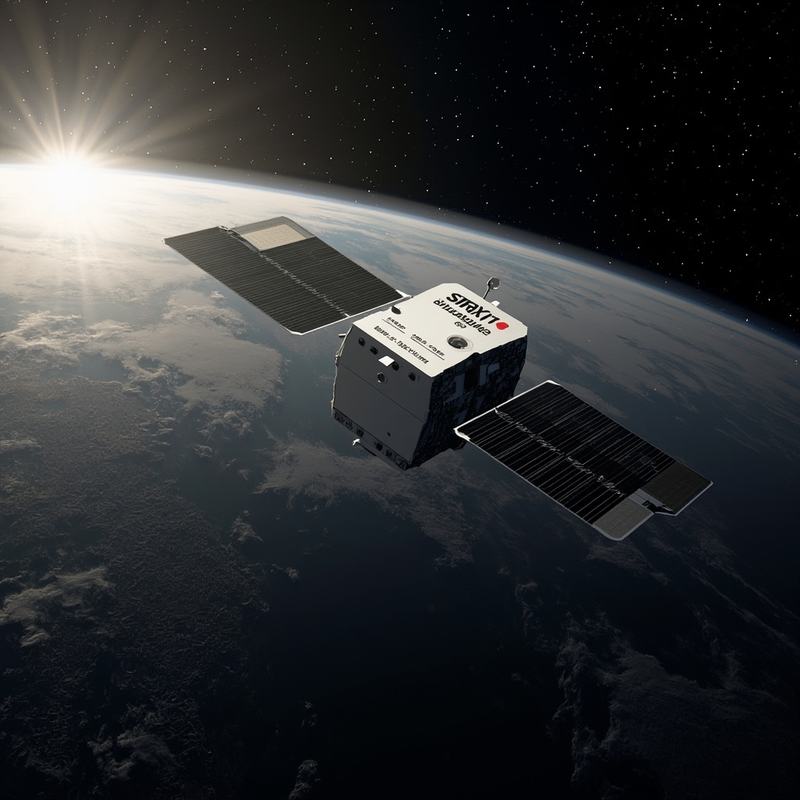 Synspective's StriX-12 synthetic aperture radar (SAR) satellite in low Earth orbit at ~500 km altitude in sun-synchronous orbit, its deployable X-band slot-array antenna extended and two solar arrays deployed, with Earth below rendered in muted grayscale SAR-backscatter tones (urban areas bright, water dark, terrain in mid-tones).