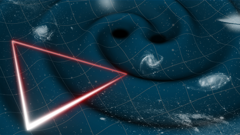 A glowing triangle of laser links hangs against a curved grid of spacetime, drawn down into a dark central well, with spiral galaxies scattered across the background.