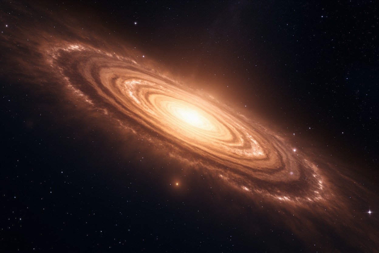 A spiral galaxy tilted away from the viewer glows warm orange, its dust lanes wound tightly around a brilliant core.