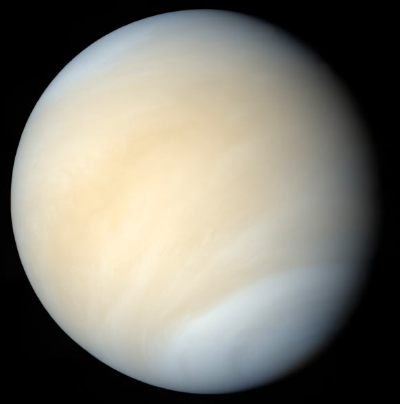 Venus in real colors, processed from Mariner 10 images, showing the pale yellow cloud deck with subtle banding. Source: NASA / Mattias Malmer / Mariner 10 imagery, via sci.news rehost