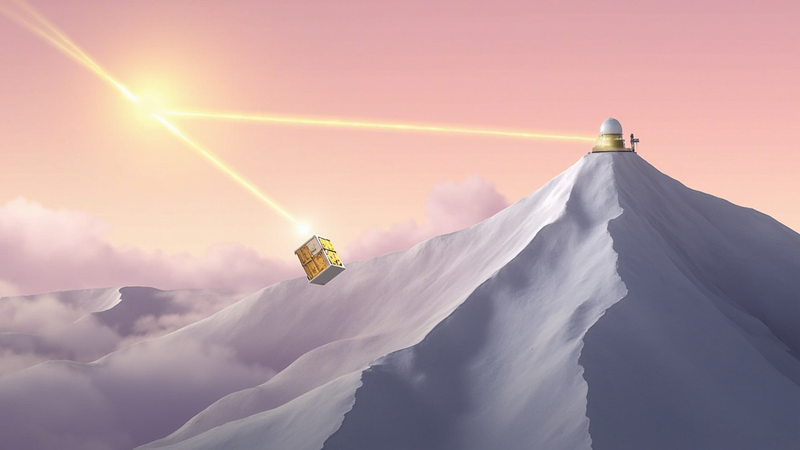 A 6U cubesat in low Earth orbit beaming a golden laser downlink toward a snow-dusted Greek mountain summit where a small optical ground station dome sits at dawn, soft pink and orange sky, the laser a thin visible line connecting them through atmosphere