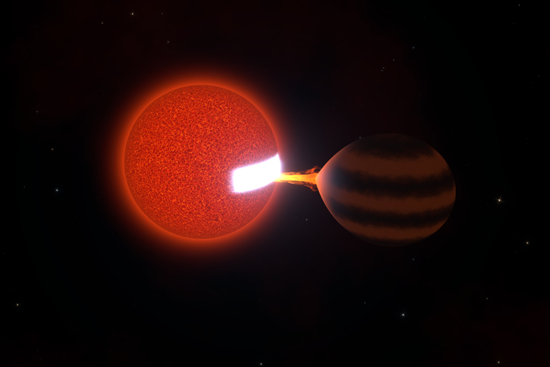 Artist's impression of ZTF J0440+2325, with a brown dwarf (right) orbiting a red dwarf (left) every 86 minutes and 39 seconds; material overflowing the brown dwarf's Roche lobe streams across the inner Lagrange point and strikes the red dwarf's surface, heating a white hot spot that produces the triangular light curve seen in the Zwicky Transient Facility data. Image: Aaron Householder (MIT); full-resolution asset at MIT News, via the article on the discovery at news.mit.edu/2026/astronomers-catch-star-slowly-snacking-on-brown-dwarf-1005.