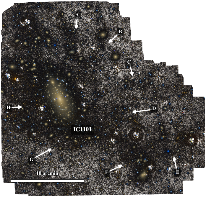 False-color ultra-deep optical image of IC 1101, with labeled faint structures A through H and a 10 arcminute scale bar