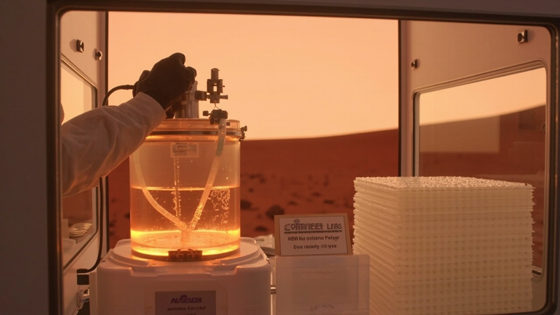A benchtop bioreactor glowing amber inside a glovebox, with a Mars-red landscape visible through a viewport and 3D-printed bioplastic habitat panels stacked beside it