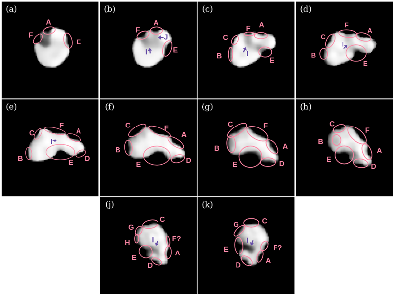 Ten SHARK-VIS views show asteroid 44 Nysa rotating, with pink ovals and purple arrows marking edge indentations and shadowed valleys labeled A through J.