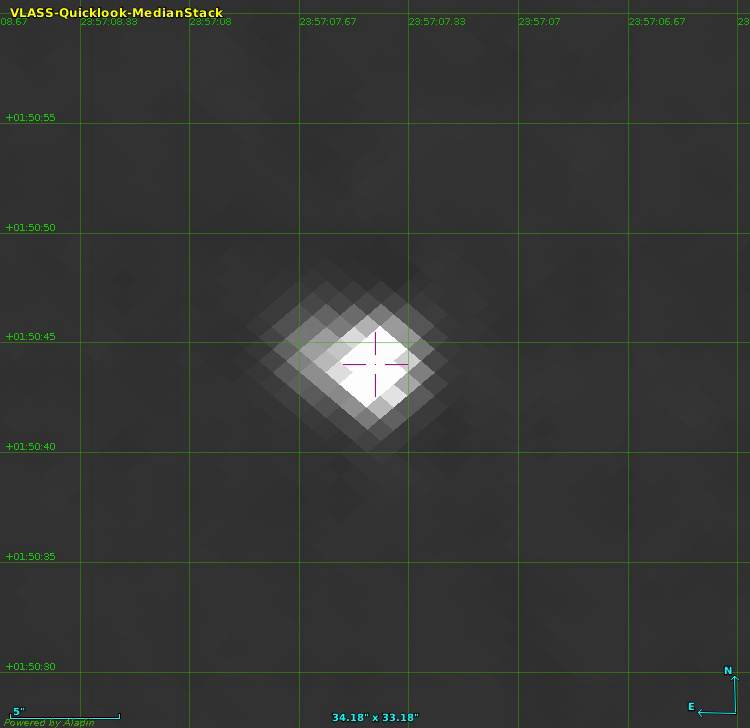 VLASS 3 GHz radio image of TXS 2354+015, with a magenta cross marking the precise optical position of the host galaxy at right ascension 23:57:07 and declination plus 01:50:45; the field of view is roughly 34 by 33 arcseconds and the bright central source is the target's compact radio core. Image: Balmaverde et al. 2026, Figure 4 right panel, retrieved from the arXiv HTML build at arxiv.org/html/2609.28632v1/VLASS.jpg.