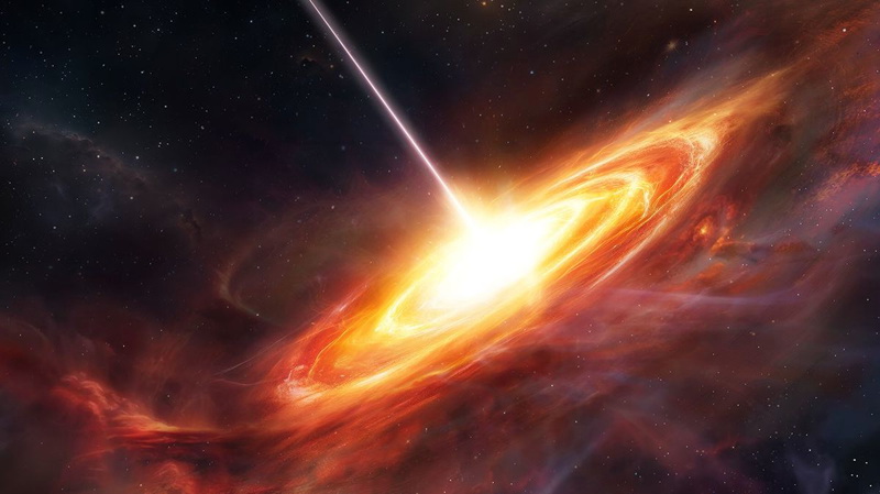Artist's concept of a quasar: a brilliant white core surrounded by a glowing spiral disk of gas and dust, with a narrow jet of light extending upward.