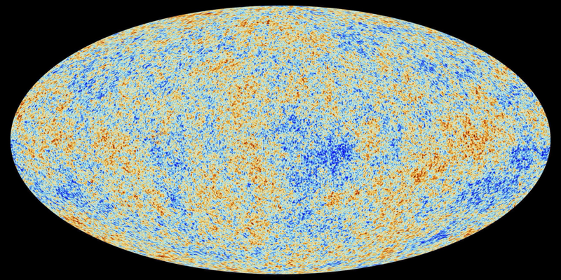 Full-sky map of cosmic microwave background temperature fluctuations from the Planck satellite, in a Mollweide projection, showing a mottled pattern of blue and orange spots against black.