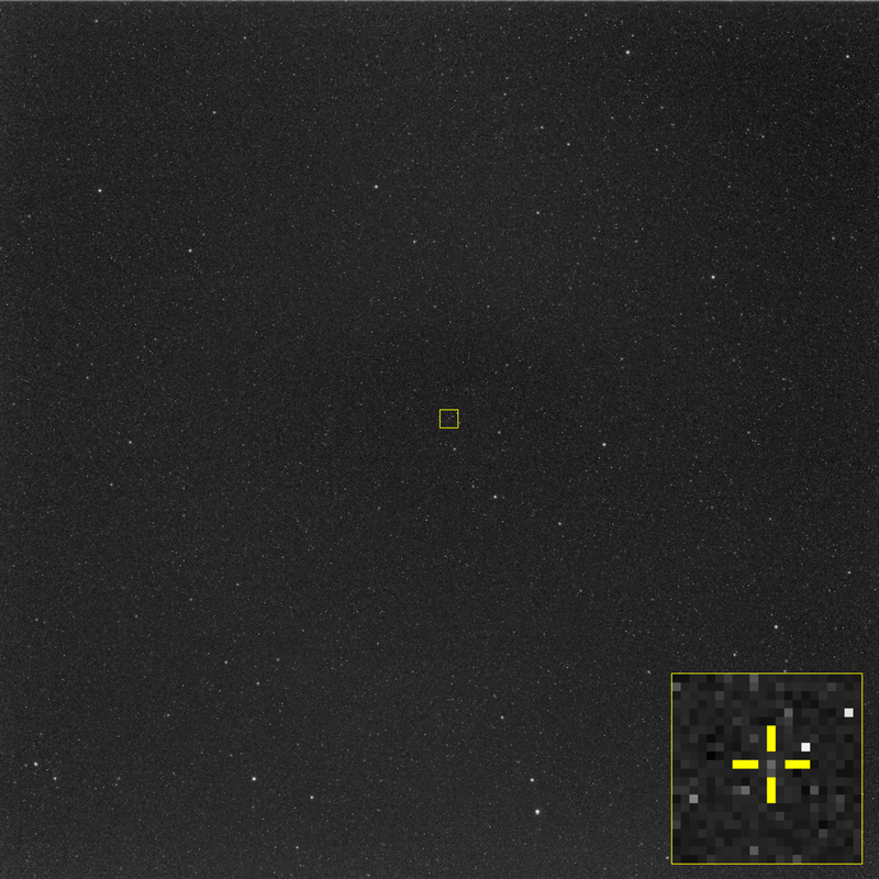 Hera's first glimpse of Didymos, captured by the Asteroid Framing Camera on 7 October 2026 from 236,500 km. Didymos appears as a single bright pixel among a field of background stars. Image: ESA; full-resolution asset at esa.int, via the ESA Hera mission overview.