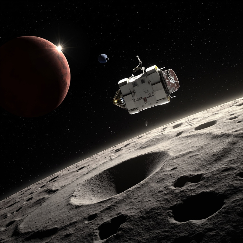 JAXA's MMX spacecraft approaching Phobos — a gray cratered body with the large Stickney crater dominating the foreground, the spacecraft three-quarter view with its high-gain antenna pointed at distant Earth, the red disk of Mars in the background, and the smaller moon Deimos as a tiny point of light nearby.