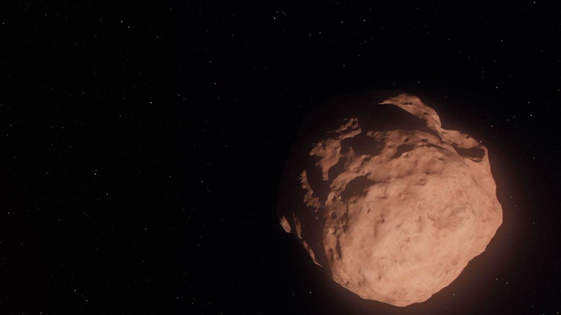 An illustration of a Trans-Neptunian Object: a small, faint, icy body orbiting the sun beyond the orbit of Neptune, shown as a single lumpy brown rock against a starless black background.