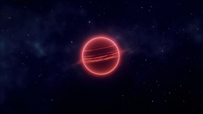 A faint, dark, isolated Y-dwarf brown dwarf glowing dim red-brown against a sparse starfield, with translucent water-ice cloud bands swirling over its banded atmosphere, representing WISE 0855-0714 drifting alone 7.4 light-years from the Sun.