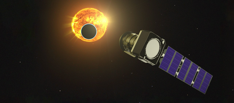 Artist's concept of the Pandora spacecraft observing a transiting exoplanet, with the dark disk of the planet visible against its bright host star and the spacecraft's solar arrays and telescope aperture on the right. Source image: NASA SVS Pandora_peers_at_a_transit_alt.jpg.