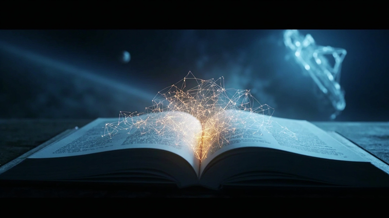 A glowing neural network woven through the open pages of a NASA grant proposal, with the James Webb Space Telescope mirror in soft focus behind it, representing the intersection of peer review and super intelligence in American research