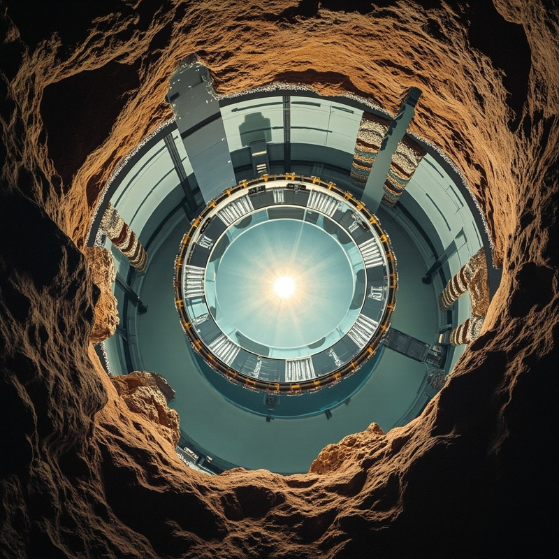 Cross-section rendering of the LUX-ZEPLIN time projection chamber: a titanium cylinder of liquid xenon watched by hundreds of photomultiplier tubes, nested inside water and gadolinium-loaded scintillator shielding, deep below the Black Hills of South Dakota. A single bright scintillation flash marks the candidate event in the central fiducial volume.
