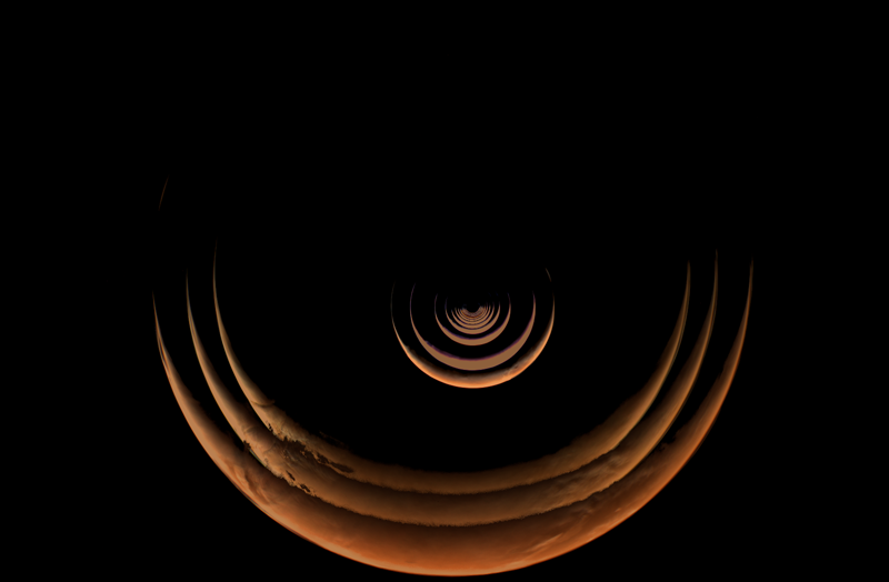 A composite of orange Mars crescents grows outward against black space as Psyche approaches the planet.