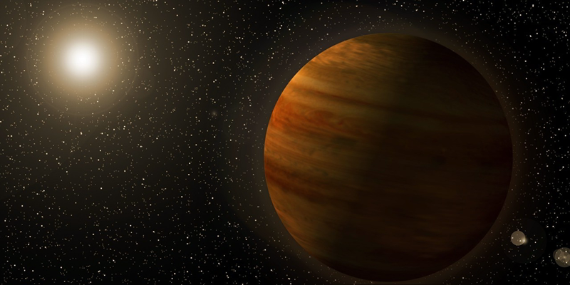 Artist's concept of the super-Jupiter Gaia23bra b, a banded gas giant orbiting its orange dwarf host star at a Jupiter-like distance. Image credit: NASA's Goddard Space Flight Center.