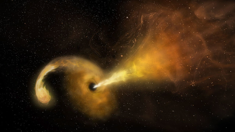 Artist's concept of a black hole pulling apart a star, with glowing debris curling into a disk and a bright jet streaming to the right