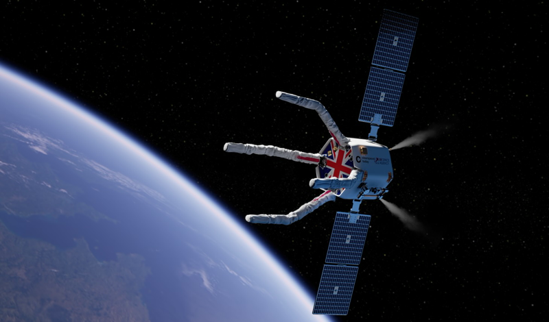 A ClearSpace rendering of the servicer spacecraft planned to grab and deorbit two U.K.-licensed satellites.