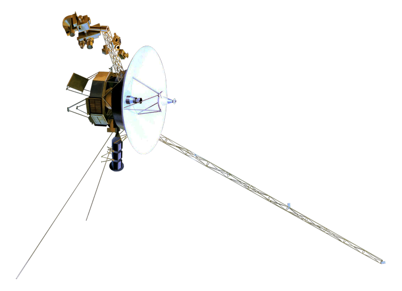 Artist's rendering of the Voyager spacecraft against a black background: a 3.7-meter high-gain dish antenna dominates the center, with the RTG booms extending to the right and the instrument platform on the left. (NASA / Wikimedia Commons)