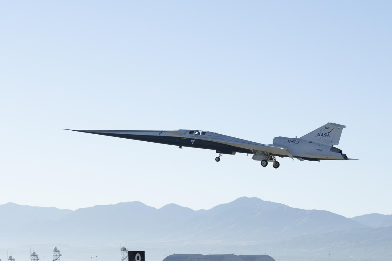 NASA's X-59 quiet supersonic research aircraft taxis under its own power at Lockheed Martin Skunk Works in Palmdale, California, ahead of the September 2026 flight envelope expansion campaign.